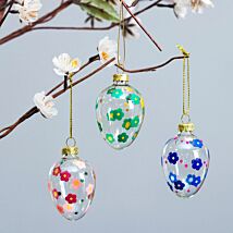 Set of 6 Ditsy Flowers Hanging Glass Eggs Easter Decoration