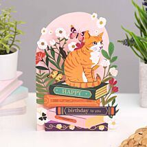 Cat & Books Paper Cut Art Birthday Card
