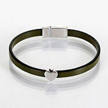 Silver Heart Charm Khaki Leather Bracelet