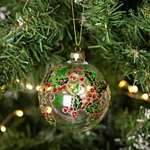 Painted Holly with Diamantes Clear Glass Bauble