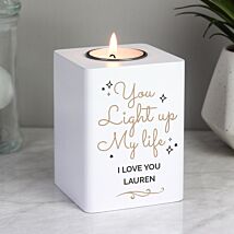 Personalised 'Light Up My Life' White Wooden Tea light Holder