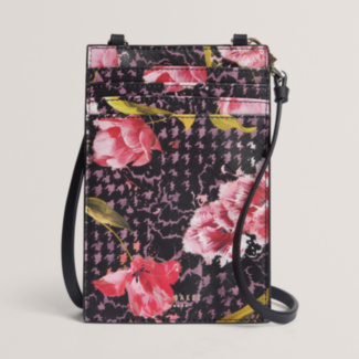 TULSAH Black Floral Check Print Lanyard Phone Pouch