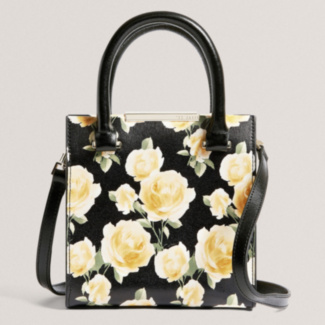 RENNIIA Black Floral Print Small Leather Tote Bag