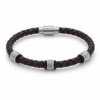Men’s 3 Ring Vintage Brown Plait Leather Bracelet