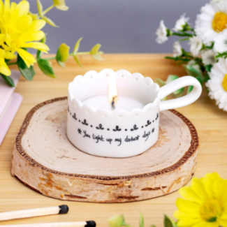 ‘Light Up Darkest Days’ Scallop Handled Tea Light Holder