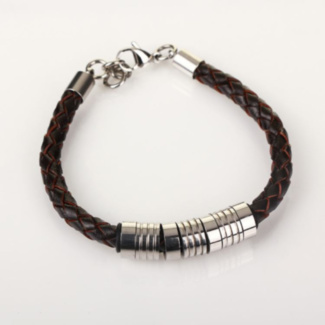 Men's 7 Ring Stainless Steel Brown Leather Bracelet