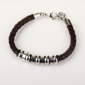 Men's 9 Ring Stainless Steel Brown Leather Bracelet