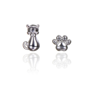 Silver Plated Cat & Paw Print Stud Earrings
