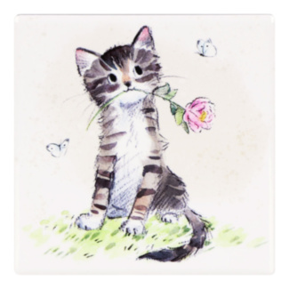 Tabby Cat with Rose Fine China Coaster