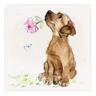 Puppy with Rose Fine China Coaster