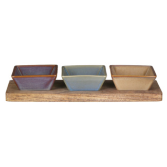 Elements Reactive Glaze Set of Three Snack Dishes & Wooden Tray Set