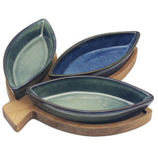 Elements Reactive Glaze Leaf Set of Three Snack Dishes & Wooden Tray Set