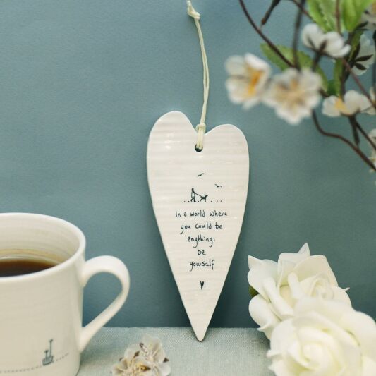 East of India Hanging White Long Porcelain Heart Plaque Sign Keepsake Gift 