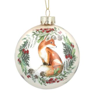 Fox with Christmas Wreath Pale Gold Glass Bauble