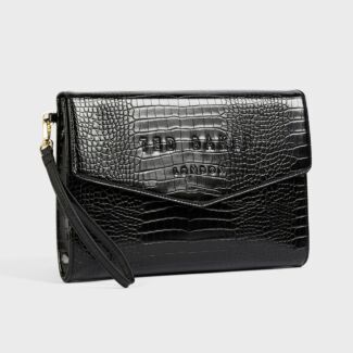 CROCEY Jet Black Croc Effect Envelope Pouch