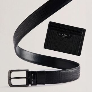 ETWOOD Black Etched Leather Belt & Card Holder Set
