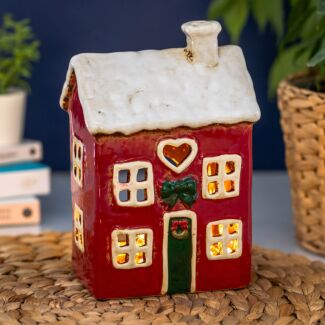 Village Pottery Red Heart Christmas House Tealight Holder