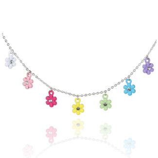 Assorted Silver Plated Girls Colourful Daisies Necklace
