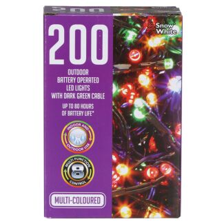 200 Multi-Coloured Outdoor Battery Operated LED Lights With Dark Green Cable