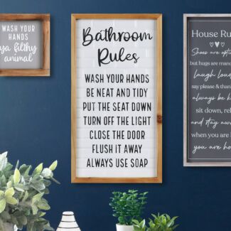 ‘Bathroom Rules’ Metal Plaque in Wooden frame