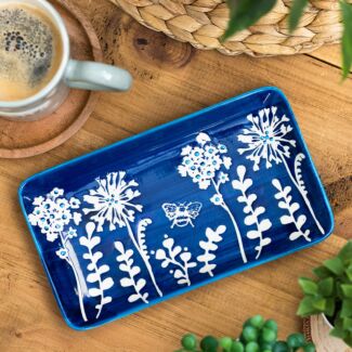 Indigo Flowers & Bee Rectangular Ceramic Plate