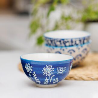 Indigo Flowers & Bees Small Ceramic Bowl