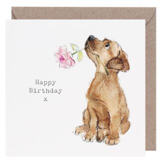 Puppy With Rose Square Birthday Card