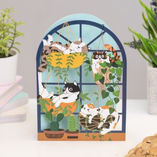 Cats In Hanging Baskets Paper Cut Art Birthday Card