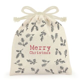 ‘Merry Christmas’ Berry Small Drawstring Canvas Bag