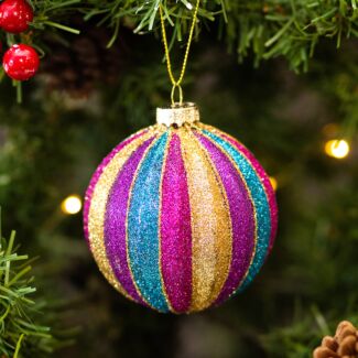 Multi-Coloured Glitter Stripe Bauble