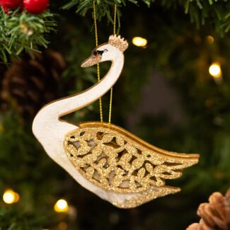 Cream And Gold Swan Wooden Tree Decoration