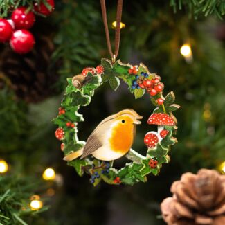 Robin Wreath Wooden Tree Decoration