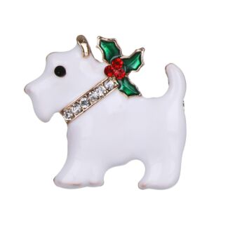 White Dog Metal and Diamante Brooch