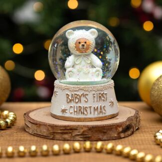 White ‘Baby’s First Christmas’ Teddy Snow Globe Decoration