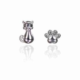 Silver Plated Cat & Paw Print Stud Earrings