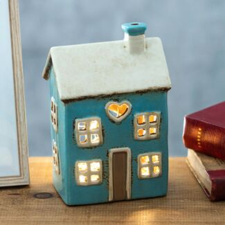 Village Pottery Heart House Bright Blue Tealight Holder