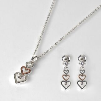 Two Tone Trio of Hearts Necklace & Earrings Gift Set