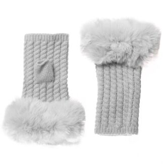 Grey Twist Pattern Fingerless Gloves with Fur Cuff