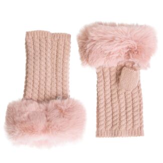 Pink Twist Pattern Fingerless Gloves with Fur Cuff