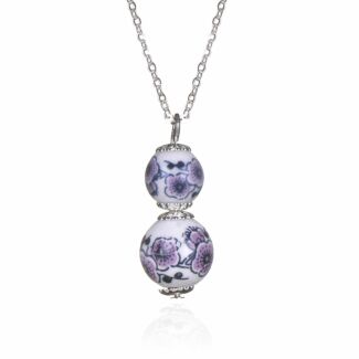 Silver Plated Double Ceramic Purple Floral Necklace