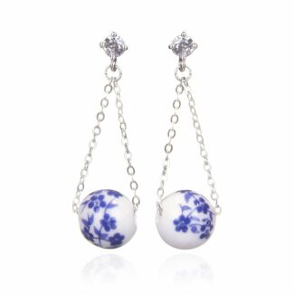 Silver Plated Ceramic Blue Floral Earrings 