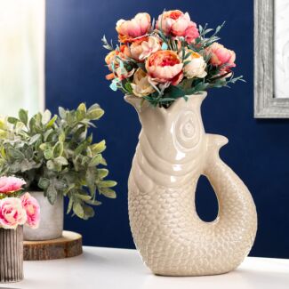 Large 26cm Cream Ceramic Fish Vase