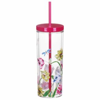 Dragonflies and Tulips Acrylic Tumbler with Straw