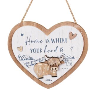 Highland Cow ‘Home’ Wooden Hanging Heart Plaque