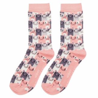 Dusky Pink Happy Cats Women’s Bamboo Socks