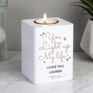 Personalised 'Light Up My Life' White Wooden Tea light Holder