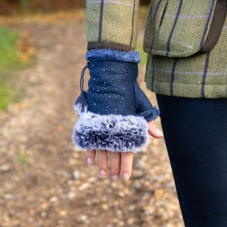Navy Fingerless Gloves with Silver Gems