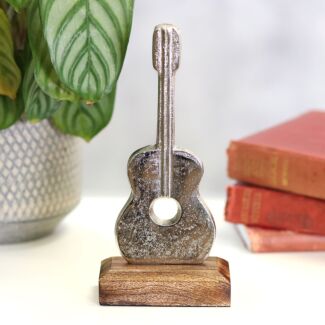 Silver Metal Guitar On Wooden Base Decoration