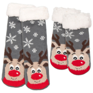 Grey Rudolph Mother & Child Set of 2 Matching Slipper Socks